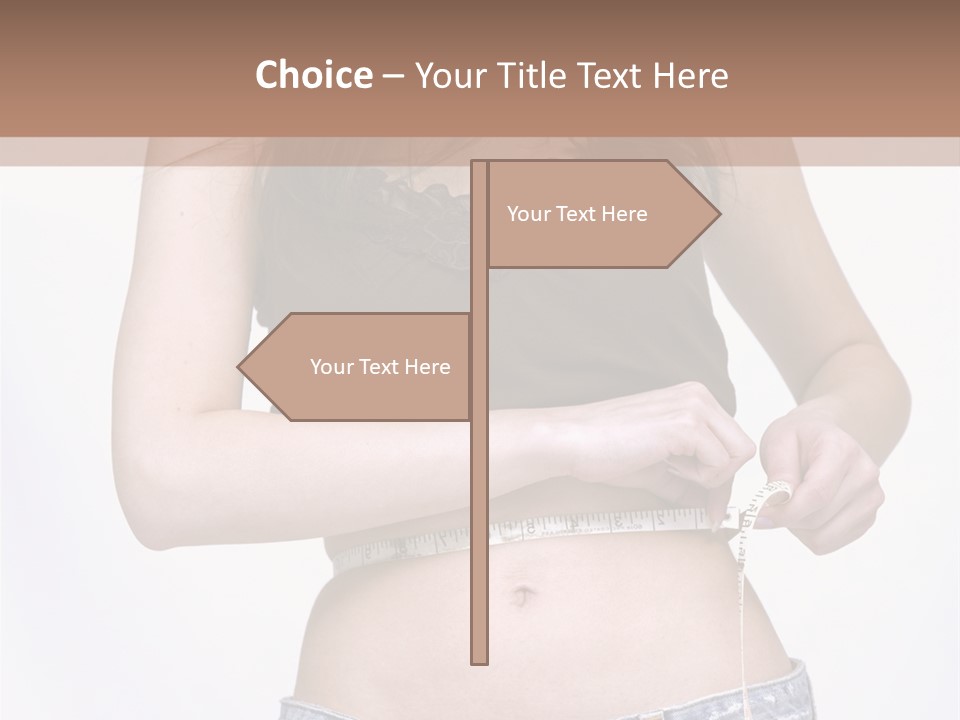 Pretty Brunette Measuring Her Waist Wearing Jeans Shorts And Brown Top PowerPoint Template