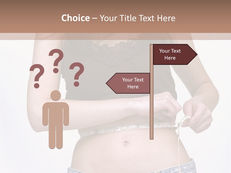 Pretty Brunette Measuring Her Waist Wearing Jeans Shorts And Brown Top PowerPoint Template