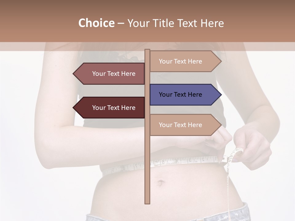 Pretty Brunette Measuring Her Waist Wearing Jeans Shorts And Brown Top PowerPoint Template