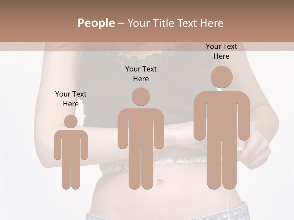 Pretty Brunette Measuring Her Waist Wearing Jeans Shorts And Brown Top PowerPoint Template