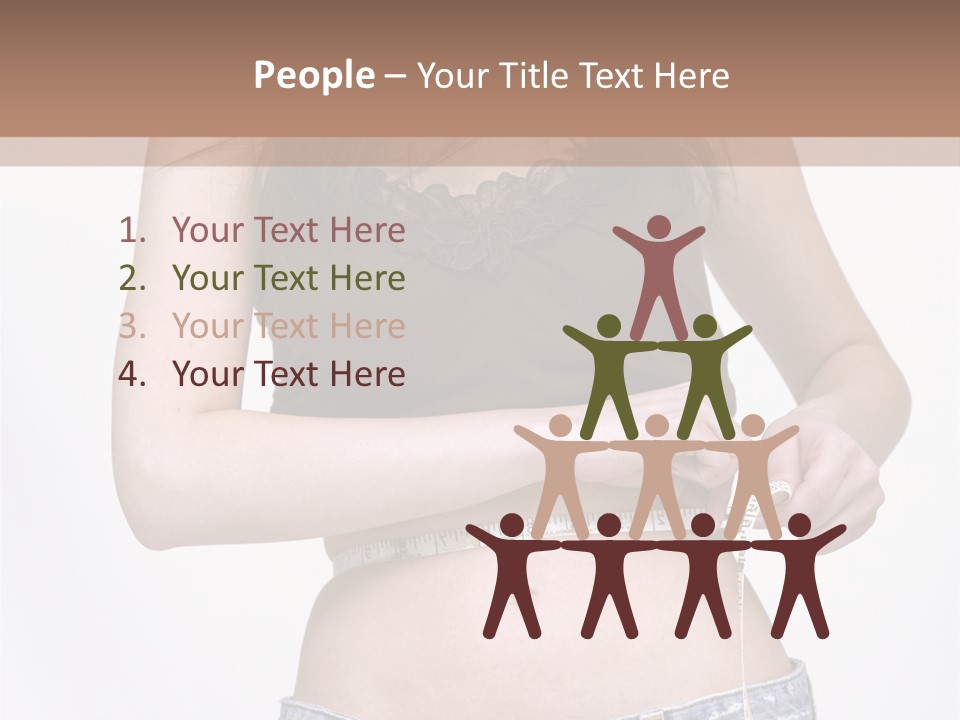 Pretty Brunette Measuring Her Waist Wearing Jeans Shorts And Brown Top PowerPoint Template