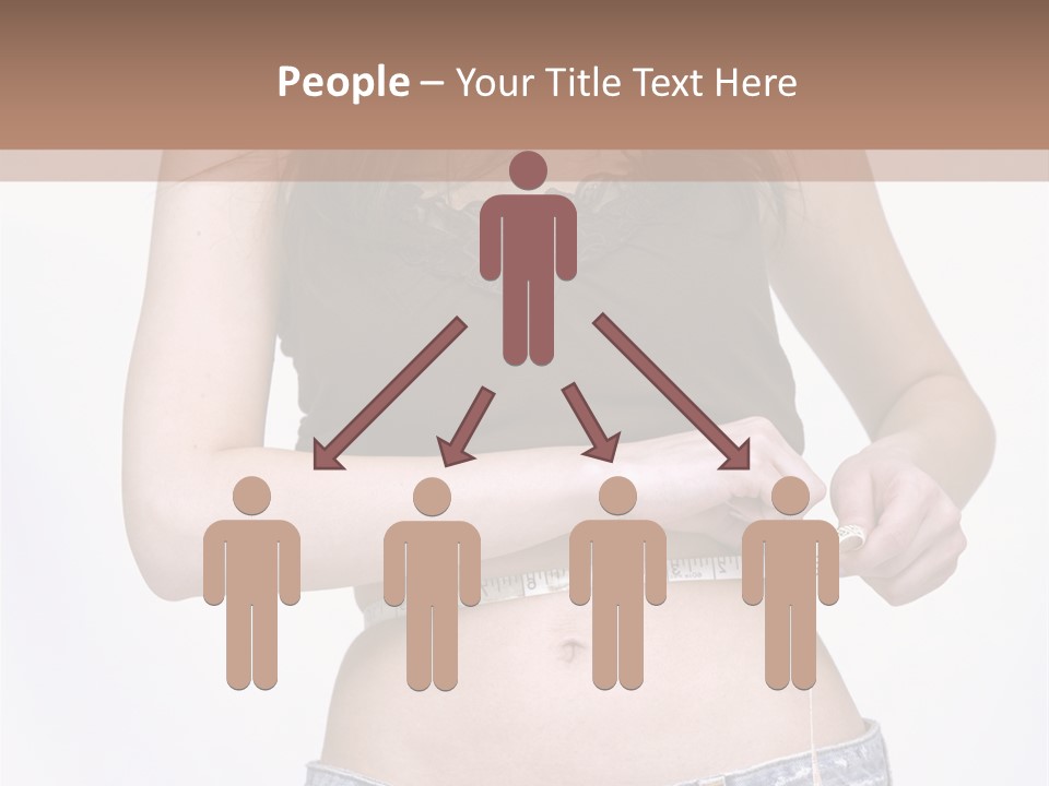 Pretty Brunette Measuring Her Waist Wearing Jeans Shorts And Brown Top PowerPoint Template