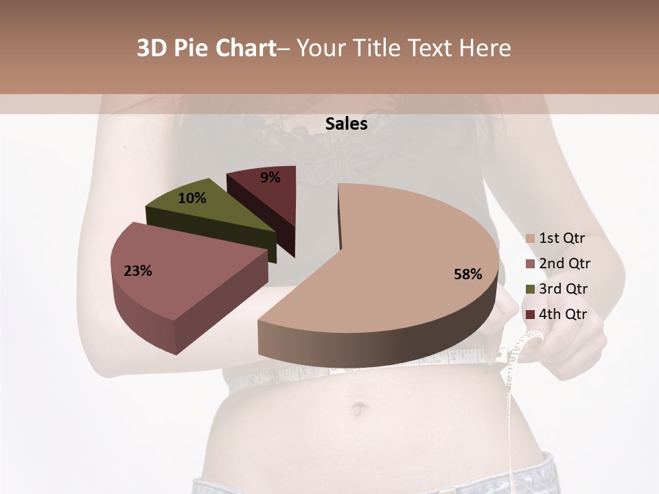 Pretty Brunette Measuring Her Waist Wearing Jeans Shorts And Brown Top PowerPoint Template