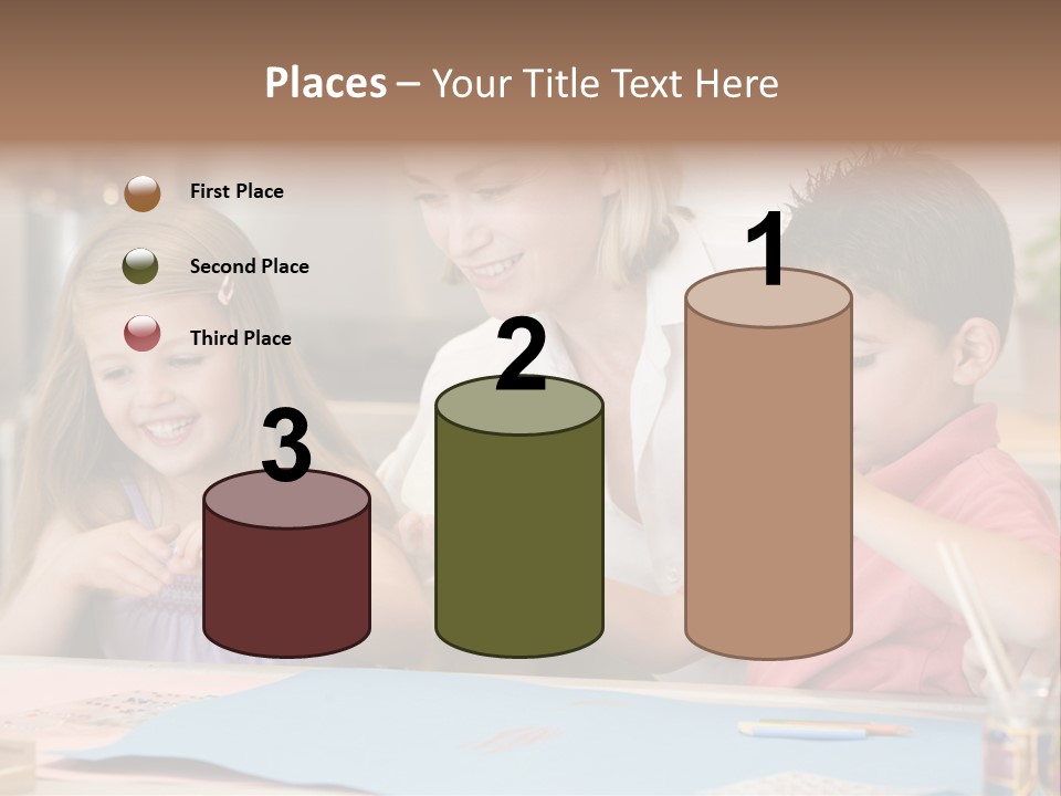 Woman And Two Young Children In Kitchen With Art Project Smiling PowerPoint Template