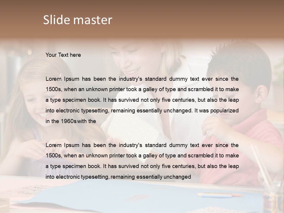 Woman And Two Young Children In Kitchen With Art Project Smiling PowerPoint Template