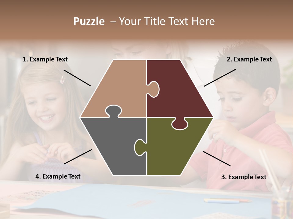 Woman And Two Young Children In Kitchen With Art Project Smiling PowerPoint Template