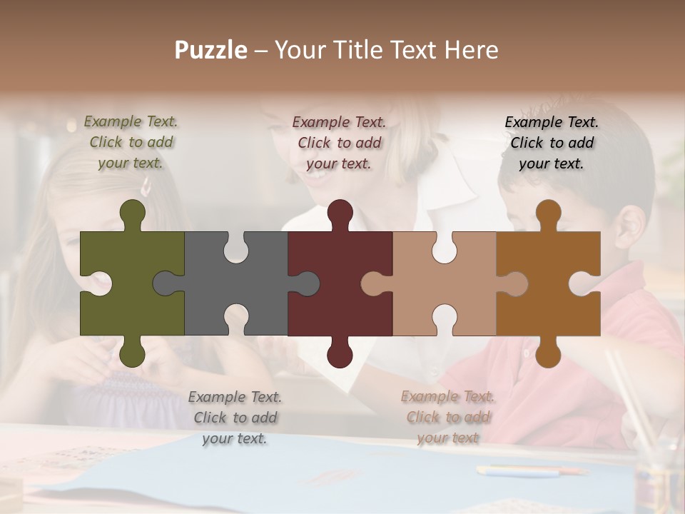 Woman And Two Young Children In Kitchen With Art Project Smiling PowerPoint Template