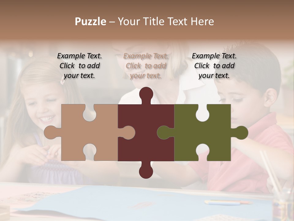 Woman And Two Young Children In Kitchen With Art Project Smiling PowerPoint Template