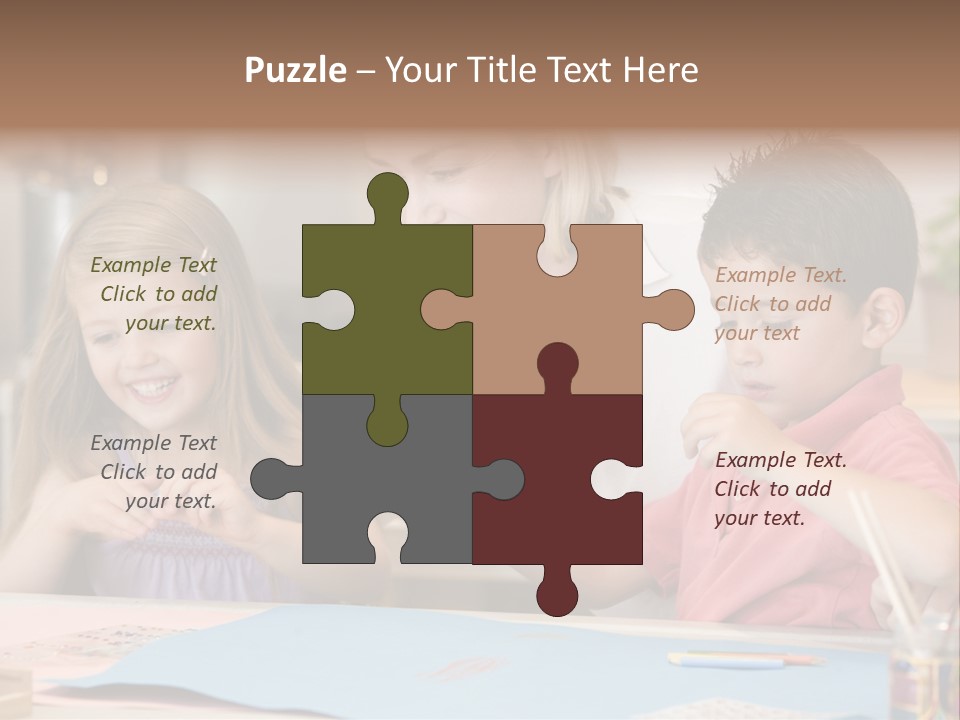 Woman And Two Young Children In Kitchen With Art Project Smiling PowerPoint Template