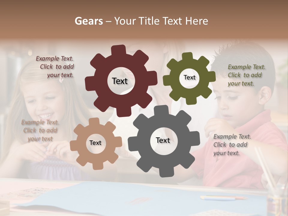 Woman And Two Young Children In Kitchen With Art Project Smiling PowerPoint Template