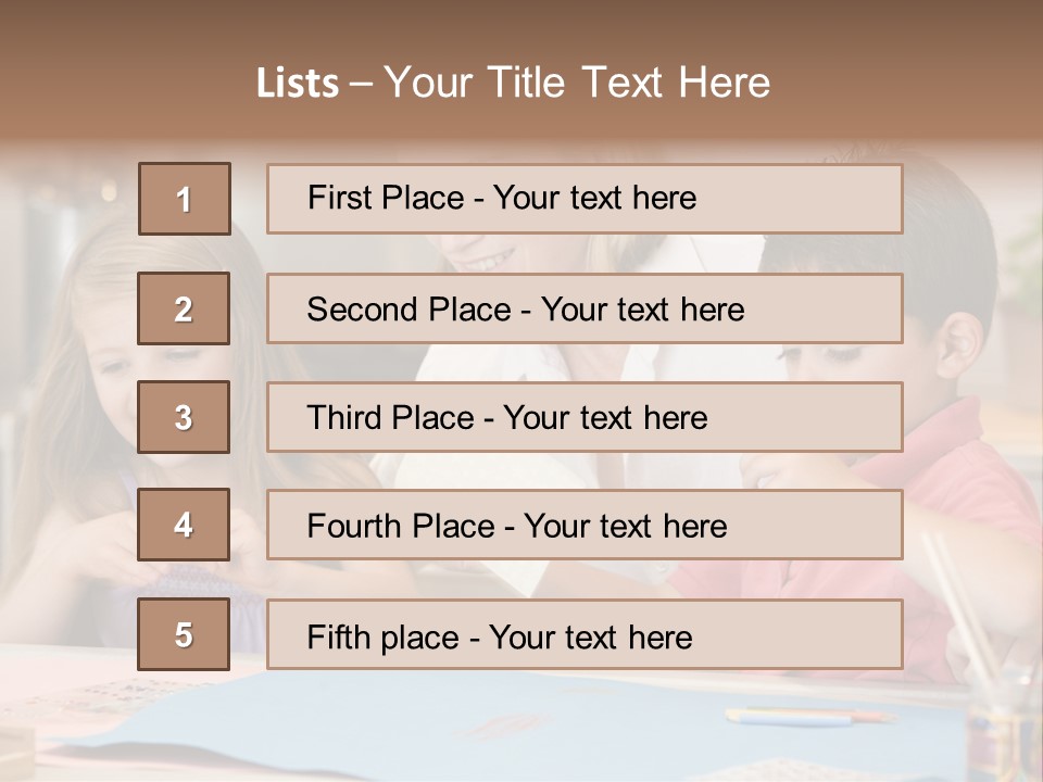 Woman And Two Young Children In Kitchen With Art Project Smiling PowerPoint Template