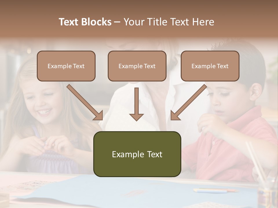 Woman And Two Young Children In Kitchen With Art Project Smiling PowerPoint Template