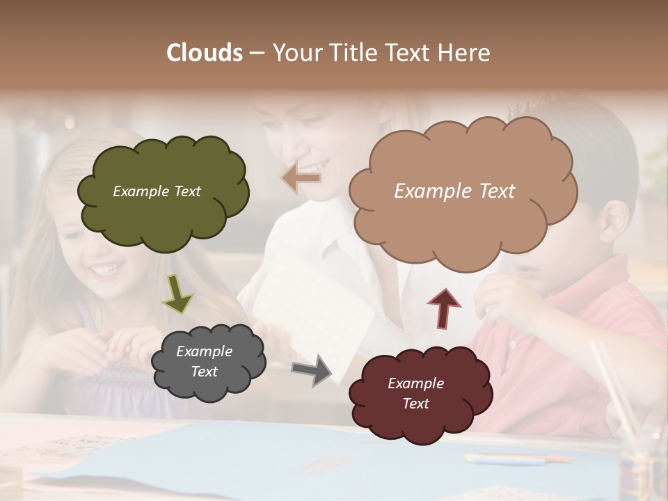 Woman And Two Young Children In Kitchen With Art Project Smiling PowerPoint Template