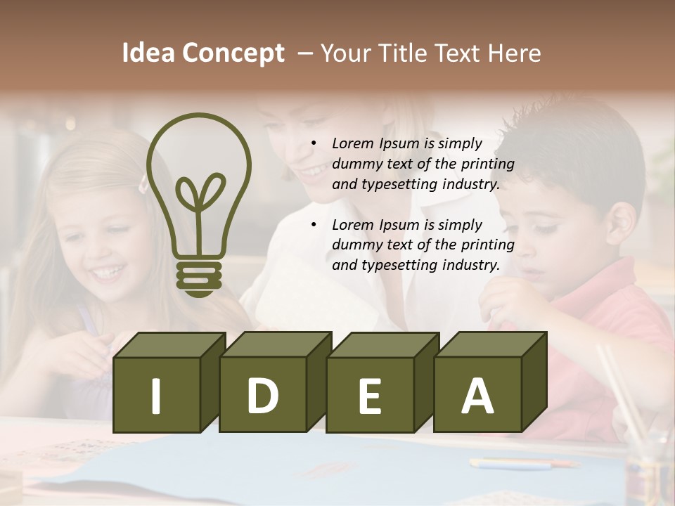 Woman And Two Young Children In Kitchen With Art Project Smiling PowerPoint Template