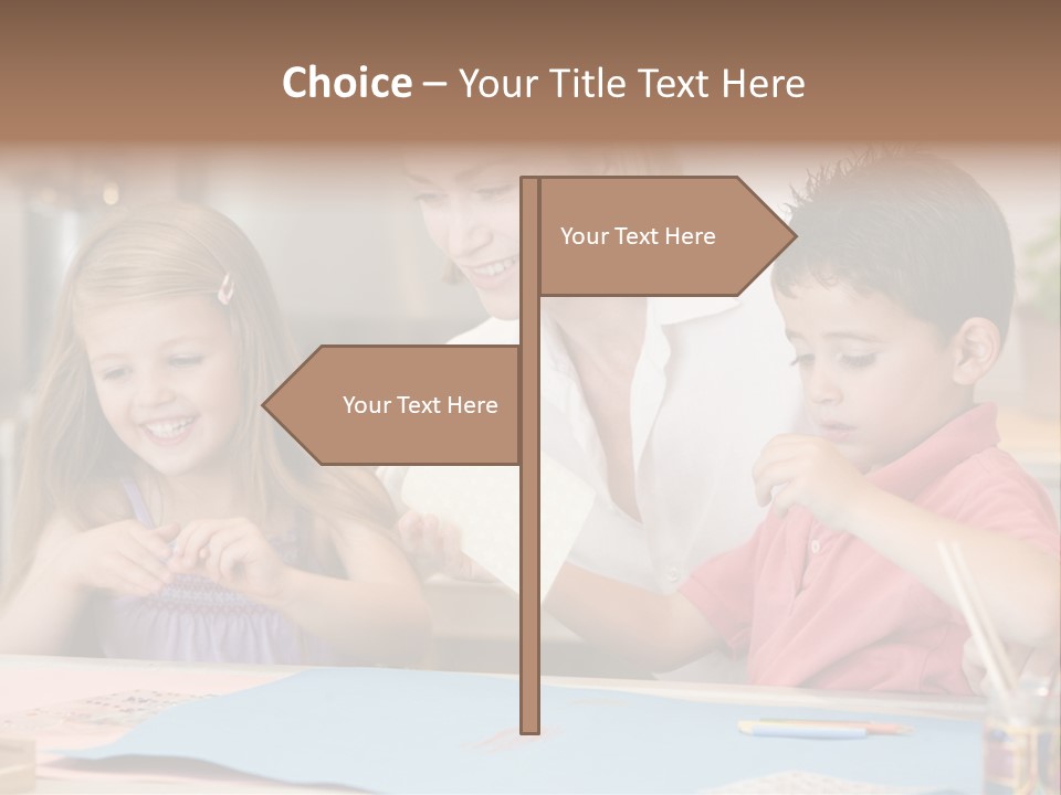 Woman And Two Young Children In Kitchen With Art Project Smiling PowerPoint Template