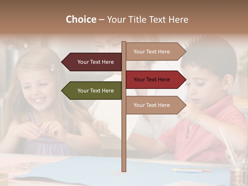 Woman And Two Young Children In Kitchen With Art Project Smiling PowerPoint Template