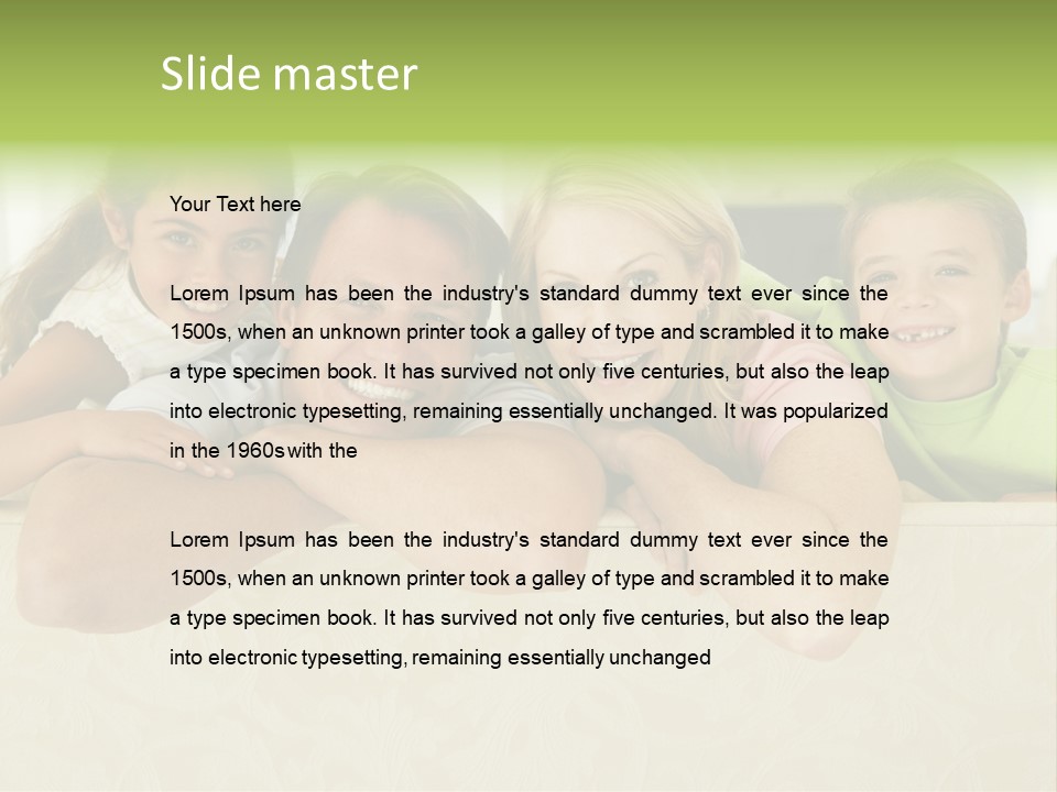 Family Sitting In Living Room Smiling PowerPoint Template