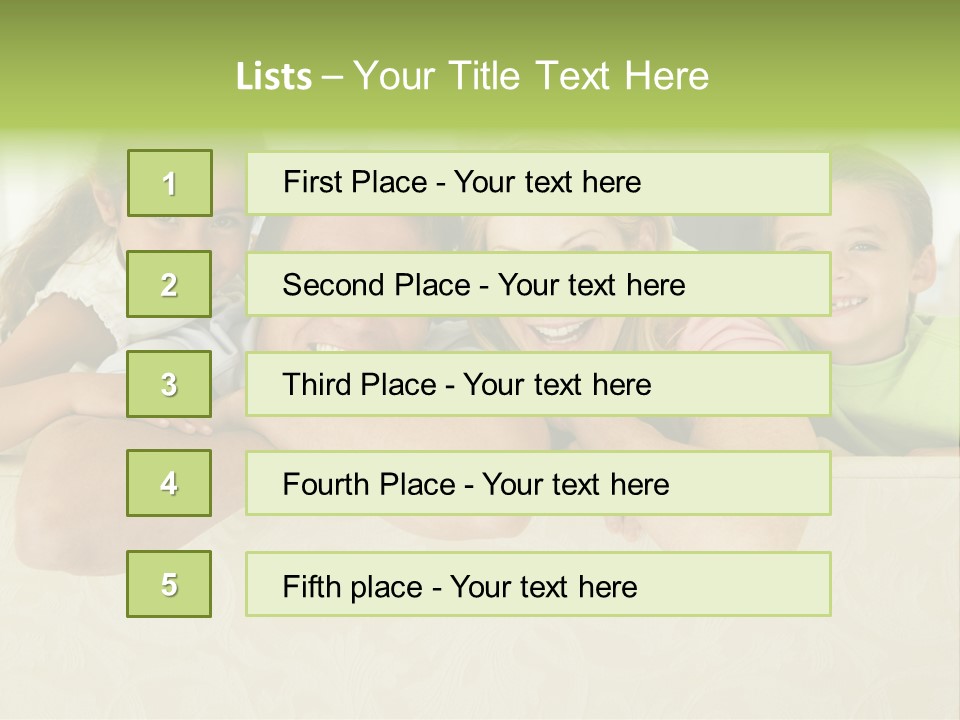 Family Sitting In Living Room Smiling PowerPoint Template