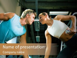 Couple In The Gym, Rivaling Each Other, Exercising With Dumbbells (Focus On The Faces) PowerPoint Template