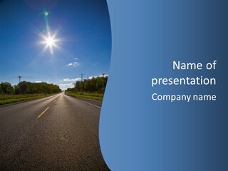 Empty Road In A Country Side Against Bright Sun. Visible Lens Flare. PowerPoint Template