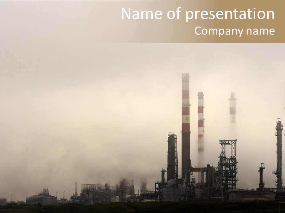 Oil Refinery In The Middle Of Fog, Clouds And Pollution PowerPoint Template