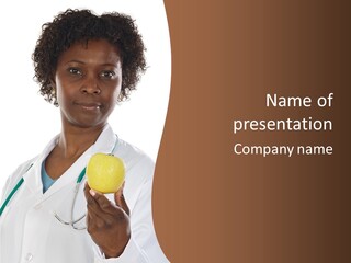 African American Female Doctor And Apple A Over White Background PowerPoint Template