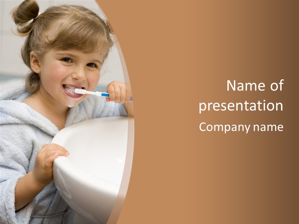 Little Girl Brushing Teeth In Bathroom PowerPoint Template