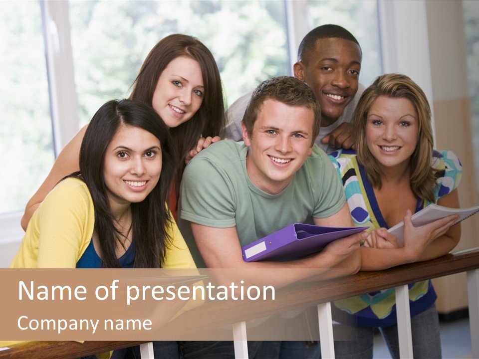 College Students Stood By Staircase PowerPoint Template