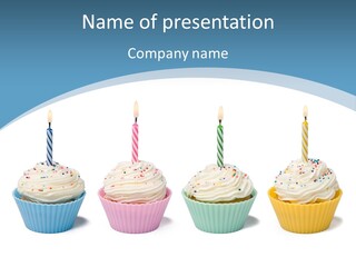 Four Cupcakes With Candle On White Background PowerPoint Template