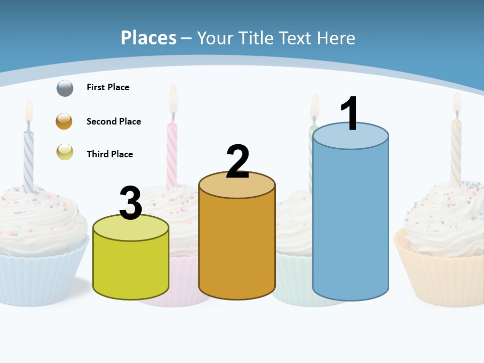 Four Cupcakes With Candle On White Background PowerPoint Template