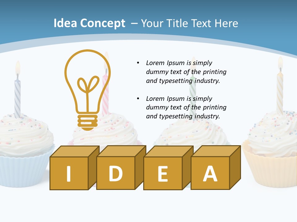 Four Cupcakes With Candle On White Background PowerPoint Template