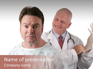 A Nervous Looking Patient About To Get His First Prostate Exam. The Doctor Is In The Background Putting On His Rubber Glove. Shallow Dof With Focus On The Patient's Face. PowerPoint Template