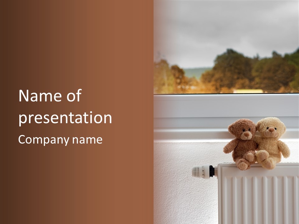 Two Teddy Bears On Top Of A Radiator In Front Of A Window. PowerPoint Template