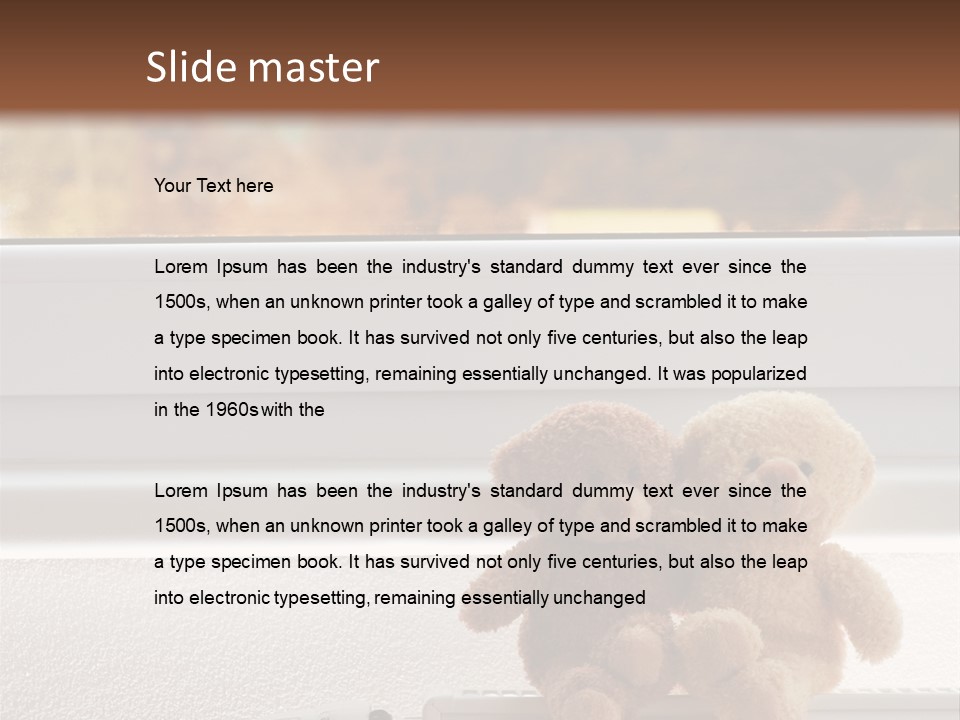 Two Teddy Bears On Top Of A Radiator In Front Of A Window. PowerPoint Template