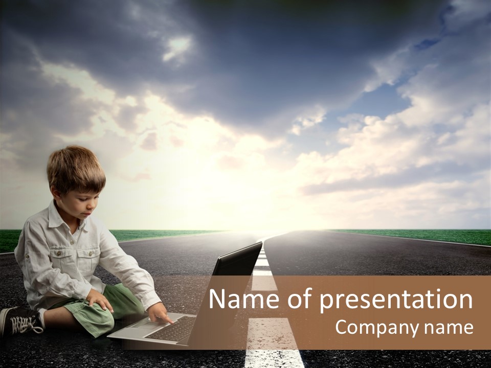 A Child On The Street With A Laptop PowerPoint Template