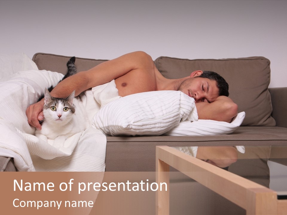 Man On Couch With Cat PowerPoint Template