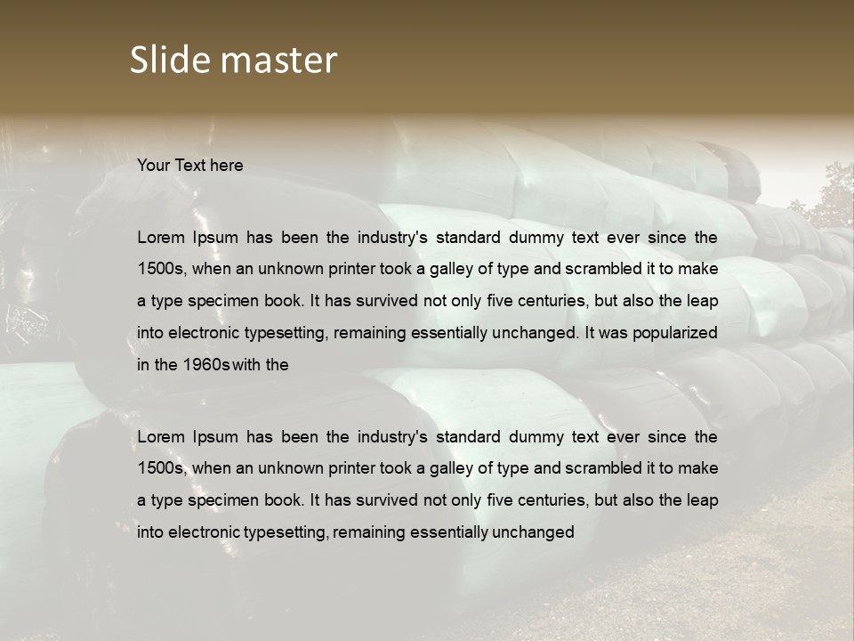 Circular Bales Of Hay Wrapped In Blue And Black Colored Plastic PowerPoint Template