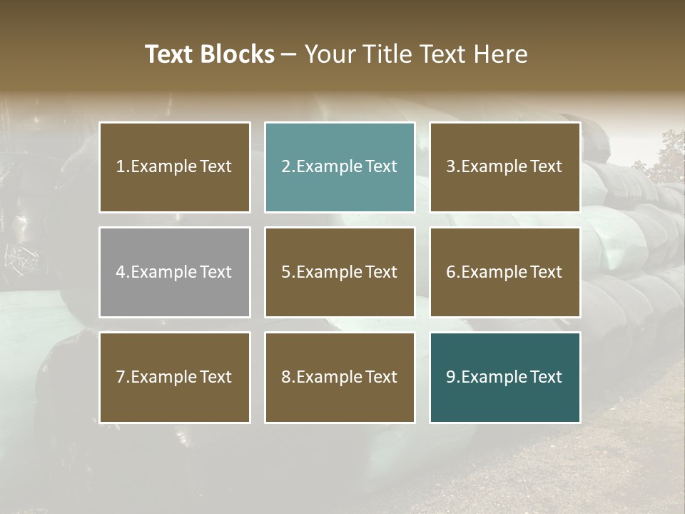 Circular Bales Of Hay Wrapped In Blue And Black Colored Plastic PowerPoint Template