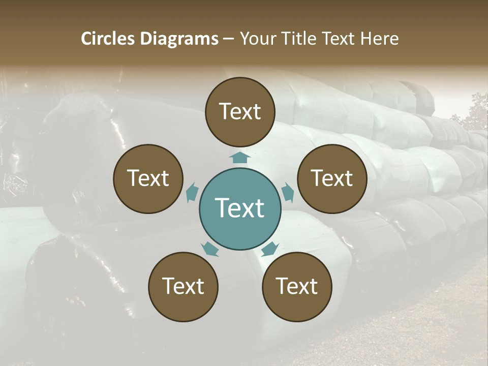 Circular Bales Of Hay Wrapped In Blue And Black Colored Plastic PowerPoint Template