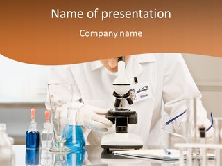 Curious Research Scientist In Lab Coat And Rubber Gloves Looking At Specimen Under Microscope In Laboratory PowerPoint Template