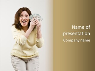 Lucky, Wealthy Woman Excitedly Holding Group Of Twenty Dollar Bills PowerPoint Template