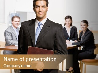 Confident Businessman With Notebook And Co-Workers In Conference Room PowerPoint Template