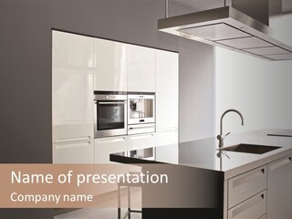 Interior Of Big White Kitchen In Apartment PowerPoint Template