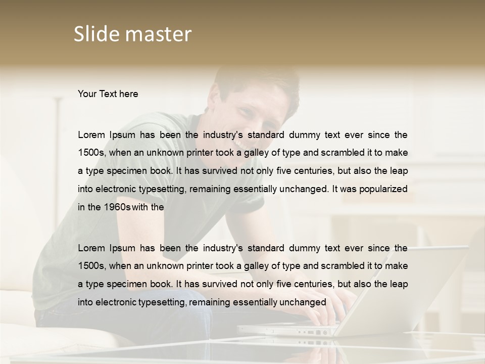 Man Sitting On Sofa In Livingroom Typing On Laptop PowerPoint Template