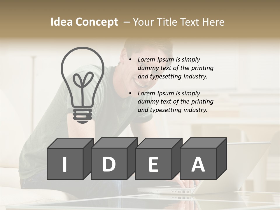 Man Sitting On Sofa In Livingroom Typing On Laptop PowerPoint Template