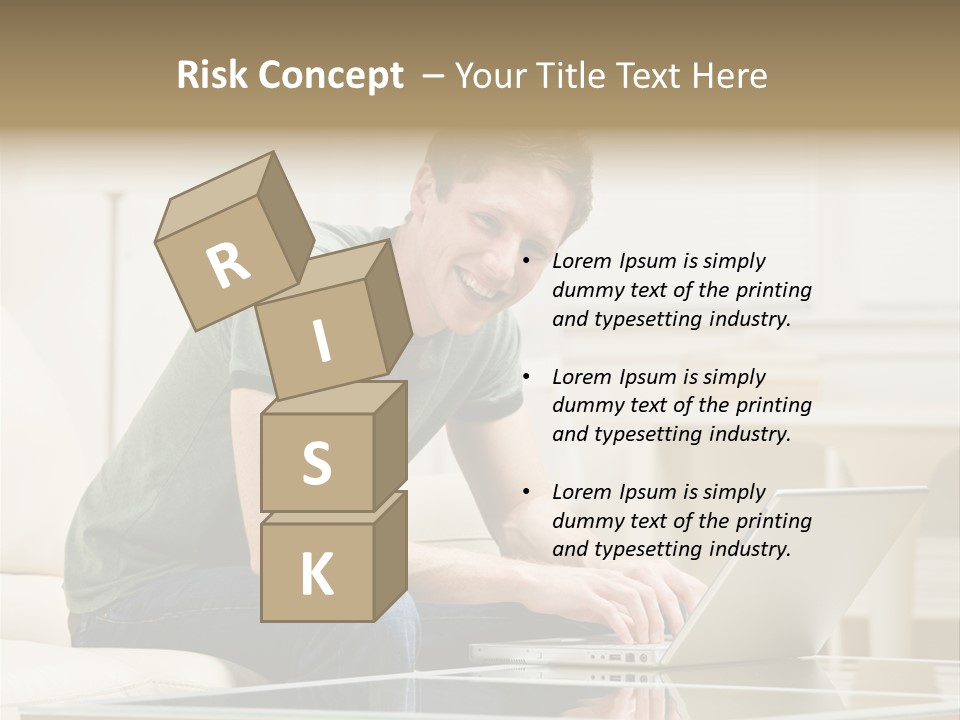 Man Sitting On Sofa In Livingroom Typing On Laptop PowerPoint Template