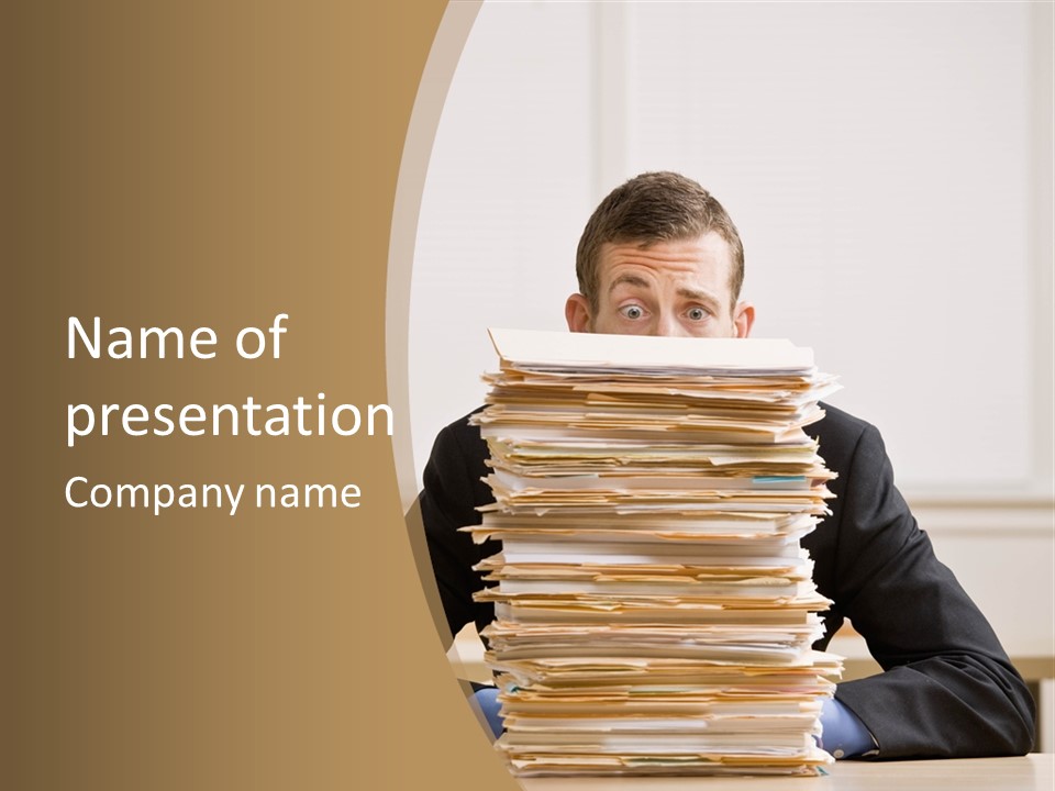 Overworked, Frustrated Businessman Looking At Pile Of File Folders PowerPoint Template