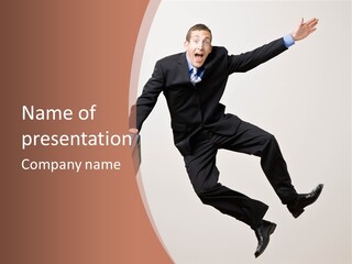 Excited Businessman With Briefcase Jumping In Mid-Air Cheering And Celebrating His Success PowerPoint Template