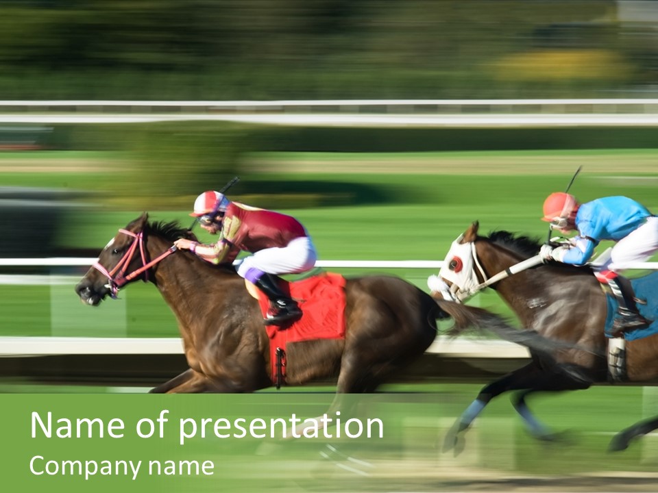 Two Racing Horses Competing With Each Other, With Motion Blur To Accent Speed PowerPoint Template