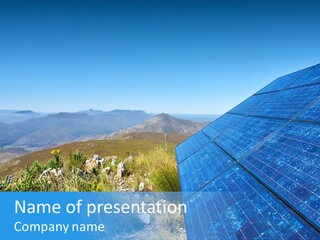 Blue Solar Batter Cells And Awesome Mountain Landscape As A Background. Shot In Salmonsdam Nature Reserve, Near Hermanus/Stanford, Western Cape, South Africa. PowerPoint Template